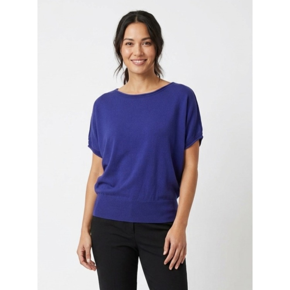 Trina Turk Sweater Top Womens L Blue Knit Batwing Dolman Sleeve Open Shoulder